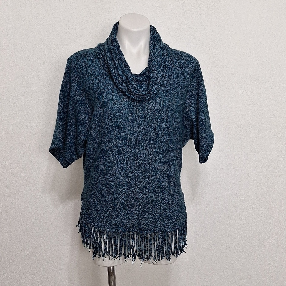 NY Collection Blue Black Coastal Boho Cowl Neck Knit Fringe Sweater Size PS